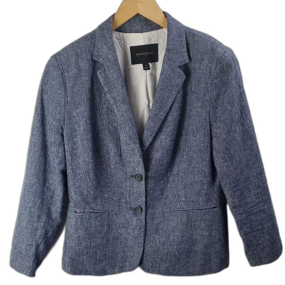 Banana Republic Women's Linen Blend Academia Preppy Blue Two Button Blazer Sz 8